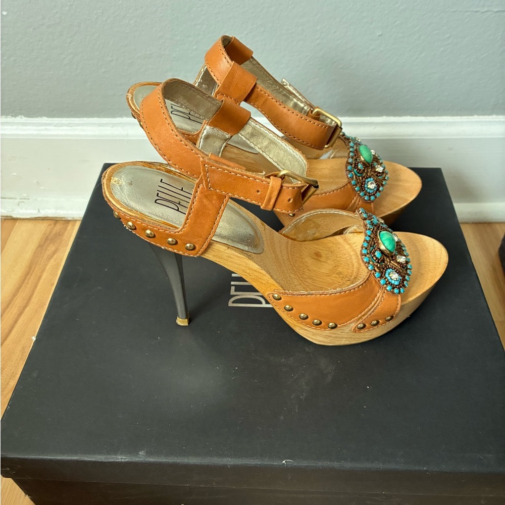 Pelle Moda Tan and Turquoise Embellished Heels